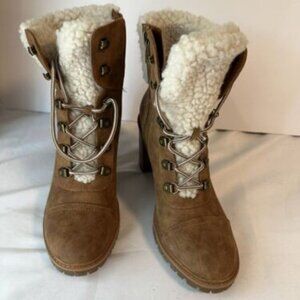 Nine West Winter Fur‎ Lined High Hill Boot Suede Tan Size 7.5